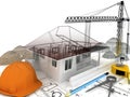 house under construction with a crane and other building fixtures on top of blue print,3d Royalty Free Stock Photo