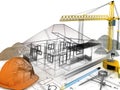 House under construction  with a crane and other building fixtures on top of blue print,3d Royalty Free Stock Photo