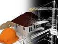 house under construction with a crane and other building fixtures on top of blue print,3d Royalty Free Stock Photo