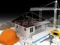 house under construction with a crane and other building fixtures on top of blue print,3d Royalty Free Stock Photo