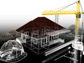 house under construction with a crane and other building fixtures on top of blue print,3d Royalty Free Stock Photo