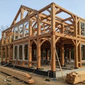 House under construction features a timber frame structure with Royalty Free Stock Photo