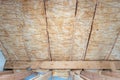 House under construction with insulation glass wool on an attic floor Royalty Free Stock Photo