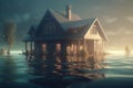 House under water 3d illustration. Generative AI Royalty Free Stock Photo