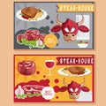 house vector illustration with bull,meat,wine and salad