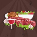 house vector illustration with meat,wine and salad