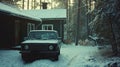 A house, and vintage car are covered with white snow in scandinavia Royalty Free Stock Photo