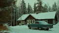 A house, and vintage car are covered with white snow in scandinavia Royalty Free Stock Photo