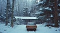 A house, and vintage car are covered with white snow in scandinavia Royalty Free Stock Photo