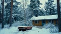 A house, and vintage car are covered with white snow in scandinavia Royalty Free Stock Photo