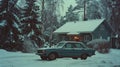 A house, and vintage car are covered with white snow in scandinavia Royalty Free Stock Photo