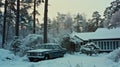 A house, and vintage car are covered with white snow in scandinavia Royalty Free Stock Photo