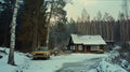 A house, and vintage car are covered with white snow in scandinavia Royalty Free Stock Photo