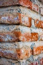 House wall corner. Fragment of masonry of an old red brick wall