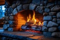 House warmth stone fireplace with a comforting, blazing fire