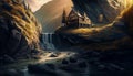 The house was on a cliff with a river flowing below and sunlight shining. Royalty Free Stock Photo