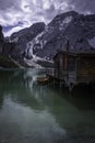 House in water at Lake Braies in the Dolomites, near Cortina D`Ampezzo Royalty Free Stock Photo