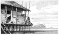 House on Water, Village in Java, Indonesia.History and Culture of Asia. Antique Vintage Illustration. 19th Century