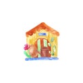 House watercolor Happy Easter spring rabbit egg