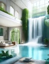 house with waterfall and swimming pool inside illustration