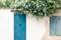 House white facade wall with flowers. Creative bright minimal, styled concept for bloggers