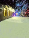 House in the winter forest, bright festive color garlands light the area, snow