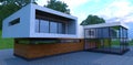 House with wood paneling on the ground floor. Long narrow corner window. Lots of reflective glass. 3d render