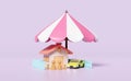 House with wooden doll figures family, umbrella, car isolated on purple background. happy family, protection, mortgage loans