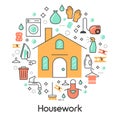 House Work Line Art Thin Icons Set with Washing Machine and Vacuum Royalty Free Stock Photo