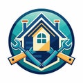 A house with wrenches in front of it, showcasing repair or maintenance work being done, home repair Logo