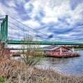 Houseboat amd Bridge ober the rhine River Royalty Free Stock Photo