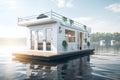 A houseboat floating on top of a body of water. AI generative image. Tiny house, houseboat.