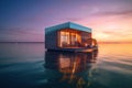 A houseboat floating on top of a body of water. AI generative image. Tiny house illustration.