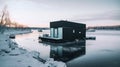 A houseboat floating on top of a frozen lake. AI generative image. Tiny house, houseboat.