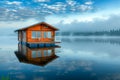 A houseboat peacefully floats on top of a body of water, with the serene scenery in the background, A floating house on a peaceful