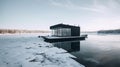 A houseboat sitting on top of a frozen lake. AI generative image. Tiny house, houseboat.