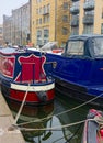 Moored Houseboats & apartment. Wenlock Basin, Regents Canal. London Royalty Free Stock Photo