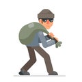 Housebreaker with bag of loot sneak away evil greedily thief cartoon rogue bulgar character flat design isolated vector Royalty Free Stock Photo