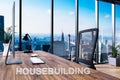 Housebuilding; office chair in front of modern workspace with computer and skyline view; architect concept; 3D Illustration