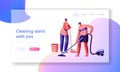 Housecleaning by Scrubwoman Landing Page. Character Domestic Housework Cleaning Floor. Housekeeping Time with Vacuum Cleaner