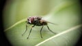 A housefly sitting on leaf with extreme macro photography Royalty Free Stock Photo