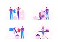 Household Activity Concept with Male and Female Characters Loading Dirty Clothes to Washing Machine, Ironing and Drying Linen