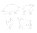 Household animals one line vector. Pets linear. Pig and chicken line art.