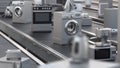 Household appliance and home kitchen technics on conveyor roller belt. 3d animation