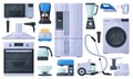 Household appliances, refrigerator, vacuum cleaner and microwave oven. Cooking and cleaning tools, washing machine, and