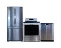 Household appliances on a white background. Home appliances. Electric cooker stove, refrigerator and washing machine.