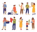 Household characters. Baby cleaning vacuum, mom dad washing clothes. People doing housework, woman with iron cleaner Royalty Free Stock Photo