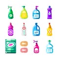 Household chemicals, cleansers and detergent. Vector illustration of multicolor bottles, containers, packaging.