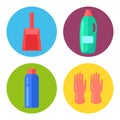 Household chemicals containers plastic bottle pack, tools scoop and rubber gloves in a round frames Royalty Free Stock Photo