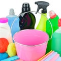 Household chemicals, sponges, napkins bucket for cleaning isolated on white background Royalty Free Stock Photo